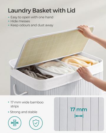 Cos de rufe pliabil din bambus , 3 sectiuni , capacitate 150 L , cu capac si manere laterale , 60 x 40 x 61,5 cm  , gri [6]