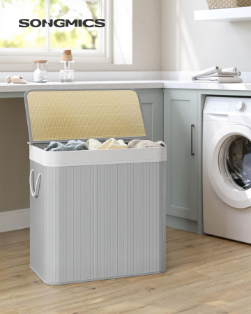 Depozitare si Organizare - Cos de rufe pliabil din bambus , 3 sectiuni , capacitate 150 L , cu capac si manere laterale , 60 x 40 x 61,5 cm  , gri