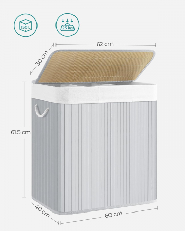 Cos de rufe pliabil din bambus , 3 sectiuni , capacitate 150 L , cu capac si manere laterale , 60 x 40 x 61,5 cm  , gri [5]