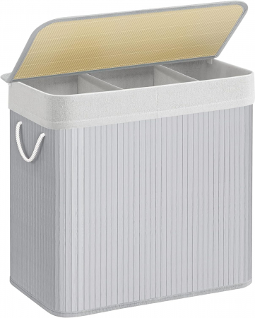 Cos de rufe pliabil din bambus , 3 sectiuni , capacitate 150 L , cu capac si manere laterale , 60 x 40 x 61,5 cm  , gri [8]
