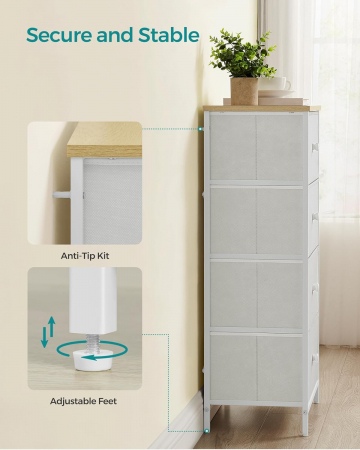 Dulap de depozitare cu 4 sertare , MDF , manere din lemn  , 30 x 45 x 91,7 cm , alb/stejar [6]