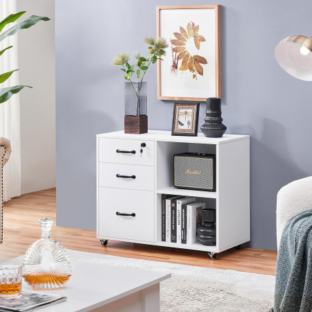 Dulap de depozitare pentru birou cu incuietoare tip rollbox , portabil , 3 sertare , 2 rafturi , rezistent la apa si zgarieturi , 80 cm × 40 cm× 65,5 cm,  Mdf , alb [1]