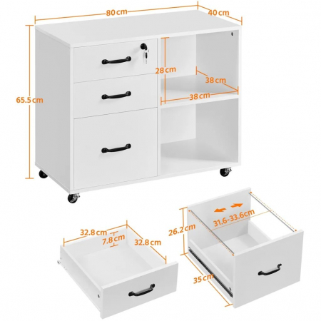 Dulap de depozitare pentru birou cu incuietoare tip rollbox , portabil , 3 sertare , 2 rafturi , rezistent la apa si zgarieturi , 80 cm × 40 cm× 65,5 cm,  Mdf , alb [3]
