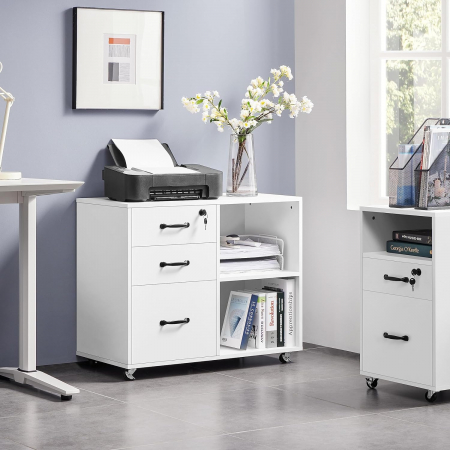Dulap de depozitare pentru birou cu incuietoare tip rollbox , portabil , 3 sertare , 2 rafturi , rezistent la apa si zgarieturi , 80 cm × 40 cm× 65,5 cm,  Mdf , alb [2]