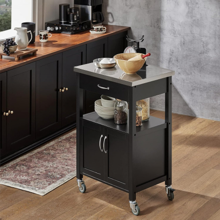 Dulap de depozitare portabil pentru bucatarie din lemn de pin , tip insula , cu blat din inox , L 60 x A 45 x H 92cm , negru /inox [2]