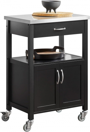 Dulap de depozitare portabil pentru bucatarie din lemn de pin , tip insula , cu blat din inox , L 60 x A 45 x H 92cm , negru /inox [1]