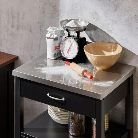 Dulap de depozitare portabil pentru bucatarie din lemn de pin , tip insula , cu blat din inox , L 60 x A 45 x H 92cm , negru /inox [5]