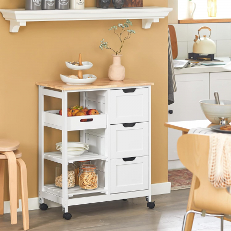 Dulap de depozitare portabil pentru bucatarie din lemn de pin , tip insula , cu blat din lemn de arbore de cauciuc , 68 x 38 x 85 cm , alb / natur [0]