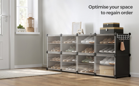 Dulap modular de depozitare din plastic cu 8 compartimente cu usa si carlige laterale  , 30 x 40 x 30 cm , negru / transparent [1]