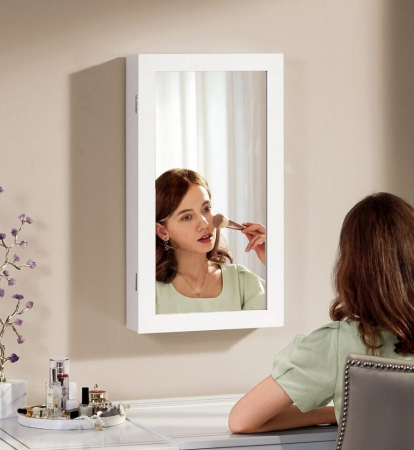 Dulap suspendat cu oglinda pentru organizarea bijuteriilor , MDF , 37 x 10 x 67 cm , alb [0]