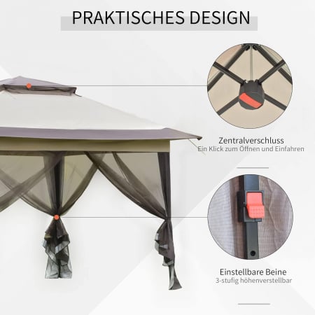 Foisor pliabil si portabil , cu plase de protectie si geanta de transport cu roti , 3,64 x 3,64 x 2,94 m , negru/maro [2]