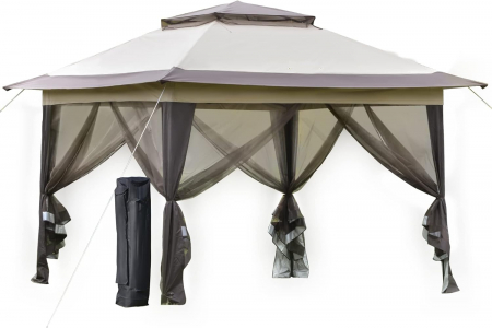 Foisor pliabil si portabil , cu plase de protectie si geanta de transport cu roti , 3,64 x 3,64 x 2,94 m , negru/maro [1]