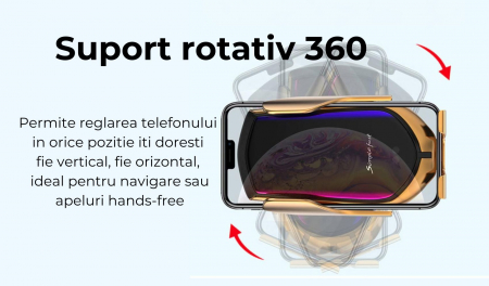 Incarcator auto wireless cu incarcare rapida , 10W, suport telefon cu  senzor Inteligent, prindere automata, rotire 360°, compatibil cu iPhone/Samsung/telefoane Qi , auriu [5]