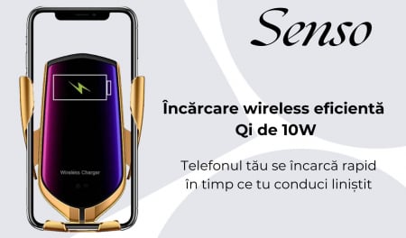 Incarcator auto wireless cu incarcare rapida , 10W, suport telefon cu  senzor Inteligent, prindere automata, rotire 360°, compatibil cu iPhone/Samsung/telefoane Qi , auriu [2]