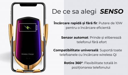 Incarcator auto wireless cu incarcare rapida , 10W, suport telefon cu  senzor Inteligent, prindere automata, rotire 360°, compatibil cu iPhone/Samsung/telefoane Qi , auriu [1]