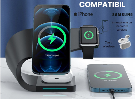 Incarcator wireless 4 in 1 PowerHub, Statie de incarcare Fast Charge 15W , Incarcare rapida  a telefonului , smartwatchului  si al castilor wireless ,Incarca toate modelele de telefoane care au functi [3]