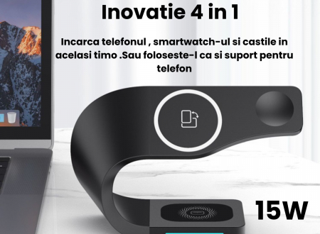 Incarcator wireless 4 in 1 PowerHub, Statie de incarcare Fast Charge 15W , Incarcare rapida  a telefonului , smartwatchului  si al castilor wireless ,Incarca toate modelele de telefoane care au functi [5]