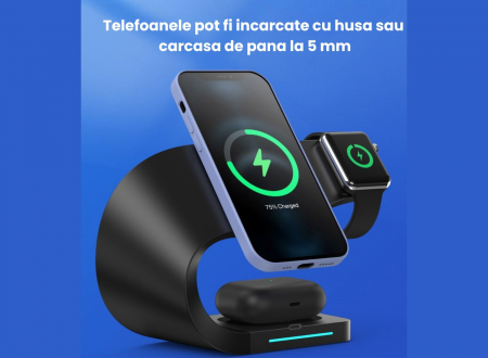 Incarcator wireless 4 in 1 PowerHub, Statie de incarcare Fast Charge 15W , Incarcare rapida  a telefonului , smartwatchului  si al castilor wireless ,Incarca toate modelele de telefoane care au functi [8]