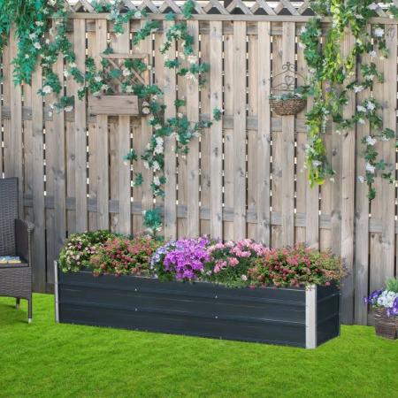 Mobilier de gradina - Jardiniera / Pat inaltat din otel pentru exterior , cu manusi si marcatoare incluse , 183 x 47 x 40 cm , gri