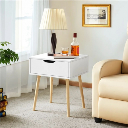 Mobilier dormitor - Masuta multifunctionala pentru living , MDF , picioare lemn de pin, 48,5 x 41 x 57,5 cm, alb