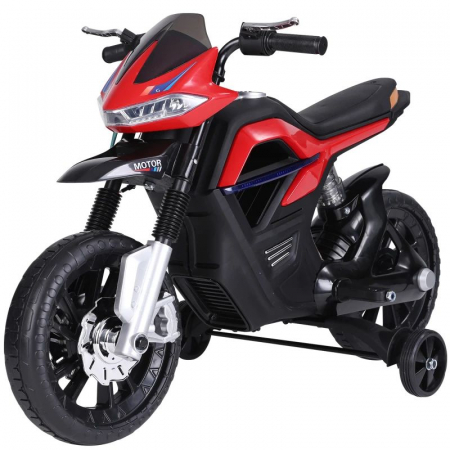 Motocicleta electrica cu suspensie dubla , faruri led si stopuri luminate , roti antialunecare , roti ajutatoare suplimentare pentru incepatori , slot card , mp3 si usb , rosu [1]