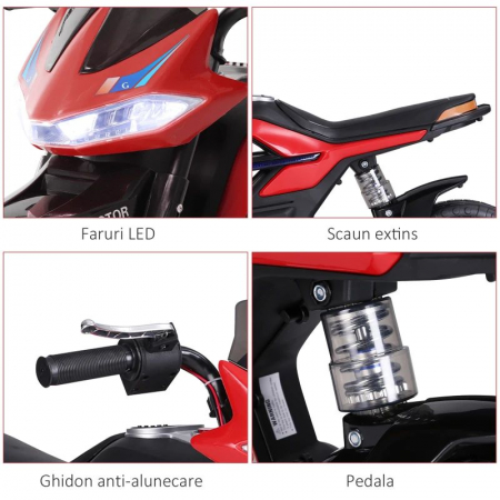 Motocicleta electrica cu suspensie dubla , faruri led si stopuri luminate , roti antialunecare , roti ajutatoare suplimentare pentru incepatori , slot card , mp3 si usb , rosu [3]