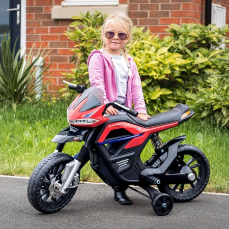 Jucarii - Motocicleta electrica cu suspensie dubla , faruri led si stopuri luminate , roti antialunecare , roti ajutatoare suplimentare pentru incepatori , slot card , mp3 si usb , rosu