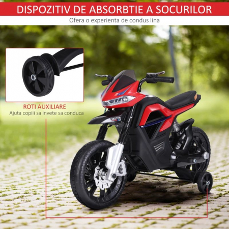 Motocicleta electrica cu suspensie dubla , faruri led si stopuri luminate , roti antialunecare , roti ajutatoare suplimentare pentru incepatori , slot card , mp3 si usb , rosu [9]