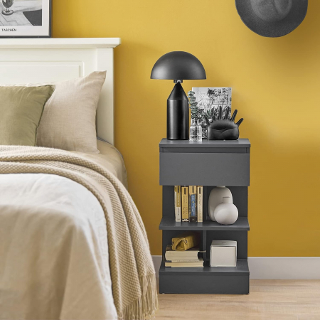 Mobilier - Noptiera cu 1 sertar si 3 rafturi , MDF , 39 x 65 x 39 cm , gri