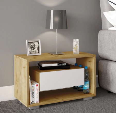 Mobilier camera copii - Noptiera cu sertar , MDF , H. 40 x L. 65 x D. 35 cm , alb / sonoma