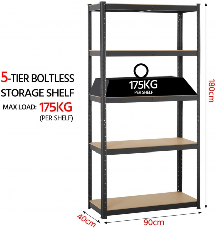 Raft de depozitare industrial cu 5 polite reglabile , sustine pana la 175 kg per polita , asamblare fara suruburi , 153 x 75 x 30 cm , negru [7]