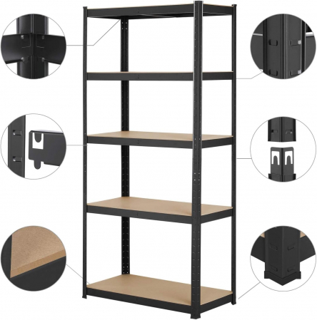 Raft de depozitare industrial cu 5 polite reglabile , sustine pana la 175 kg per polita , asamblare fara suruburi , 153 x 75 x 30 cm , negru [5]
