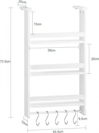 Raft pentru condimente suspendat cu suport pentru prosoape si 5 carlige , MDF , L 44,5 x H 73,5 cm , alb [5]