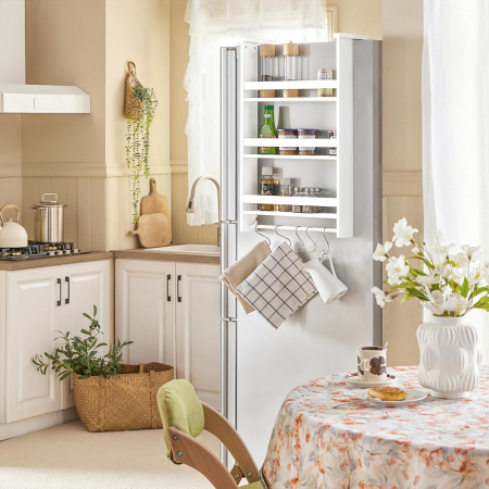 Mobilier de bucatarie - Raft pentru condimente suspendat cu suport pentru prosoape si 5 carlige , MDF , L 44,5 x H 73,5 cm , alb