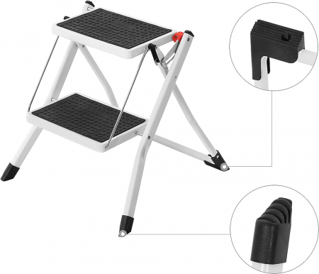 Scară cu 2 trepte, oțel rezistent, pliabilă, portabilă cu covoraș anti-alunecare Max. Capacitate de încărcare de până la 150 kg Testat și certificat de TÜV Rheinlan [4]