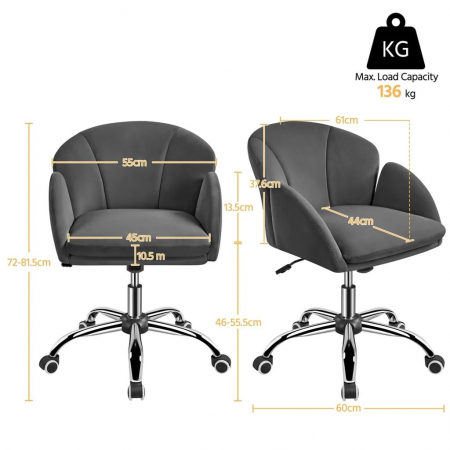 Scaun de birou catifea , reglabil , captuseala din spuma ,  60x61x82 cm , gri [5]