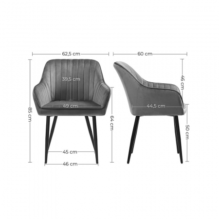 Scaun de dinning tapitat cu catifea , sezut din spuma , picioare metalice , cu cotiere , 62,5 x 60 x 85 cm , negru [6]