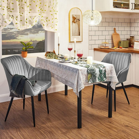 Scaun de dinning tapitat cu catifea , sezut din spuma , picioare metalice , cu cotiere , 62,5 x 60 x 85 cm , negru [1]