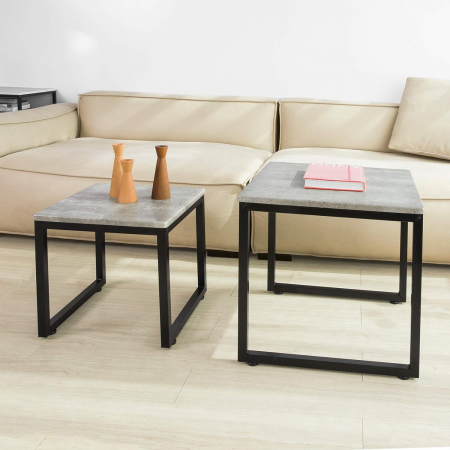Mobilier dormitor - Set 2 mese de cafea , cadru metalic , blat MDF , 50 x 50 x 50 cm , negru/gri