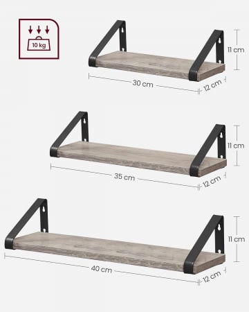 Set 3 rafturi plutitoare , cu suport metalic , montabile in 2 moduri , PAL/ metal , 12 x 40 x 11 cm , negru/gri [4]
