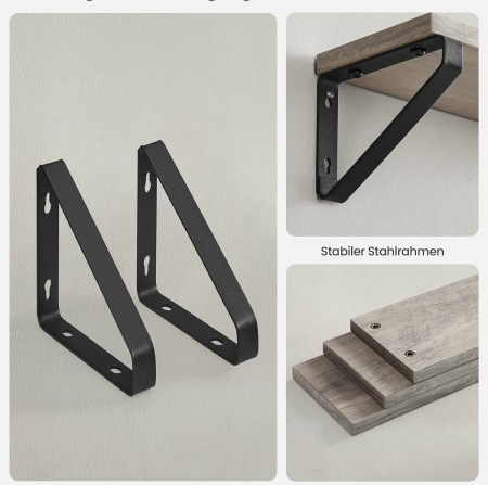 Set 3 rafturi plutitoare , cu suport metalic , montabile in 2 moduri , PAL/ metal , 12 x 40 x 11 cm , negru/gri [8]