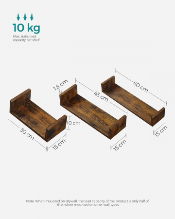 Set 3 rafturi plutitoare , MDF , sustin pana la 10kg per raft , 15 x 60 x 10 cm , maro vintage [3]