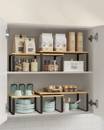 Set 4 rafturi de depozitare extensibile cu picioare metalice si blat din bambus , negru / natur [1]