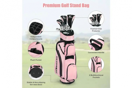 Set complet de crose de golf pentru femei, 10 piese cu husa fiecare , din fibra de carbon si aliaj de aluminiu, geanta transport stand-up cu bretele reglabile , carbon/aliaj aluminiu/fier , roz [7]