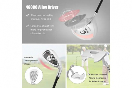 Set complet de crose de golf pentru femei, 10 piese cu husa fiecare , din fibra de carbon si aliaj de aluminiu, geanta transport stand-up cu bretele reglabile , carbon/aliaj aluminiu/fier , roz [6]