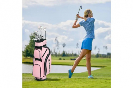 Echipament Sportiv si Outdoor - Set complet de crose de golf pentru femei, 10 piese cu husa fiecare , din fibra de carbon si aliaj de aluminiu, geanta transport stand-up cu bretele reglabile , carbon/aliaj aluminiu/fier , roz