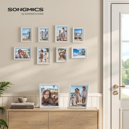 Set de 10 rame foto cu sabloane interioare incluse ,  23 x 28 cm , 15,3 x 20,4 cm, 12,8 x 17,9 cm , MDF , agatatori incluse , alb [1]