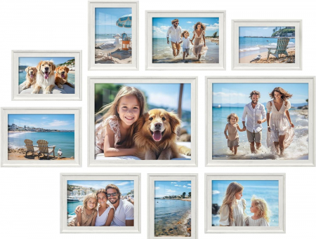 Mobilier camera copii - Set de 10 rame foto cu sabloane interioare incluse ,  23 x 28 cm , 15,3 x 20,4 cm, 12,8 x 17,9 cm , MDF , agatatori incluse , alb