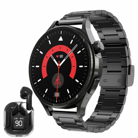 Smartwatch - Set Smartwatch/Bratara fitness + casti wireless ,  Display IPS 1.5" inch , rezolutie 320x240 pixeli, 2 bratari -silicon + metal,  monitorizare puls și somn, fitness tracker, rezistent la apă IPX-6, Ne