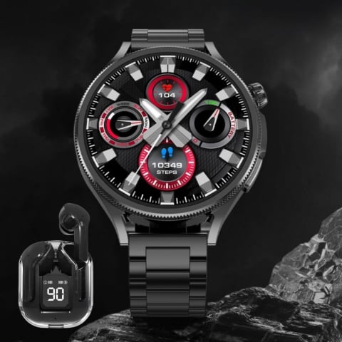 Set Smartwatch/Bratara fitness + casti wireless ,  Display IPS 1.5" inch , rezolutie 320x240 pixeli, 2 bratari -silicon + metal,  monitorizare puls și somn, fitness tracker, rezistent la apă IPX-6, Ne [2]
